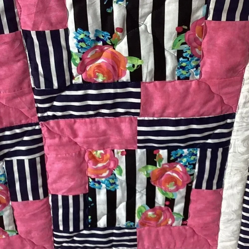 NWT. Hand Crafted Pink and Black Striped With Roses Floral Quilt